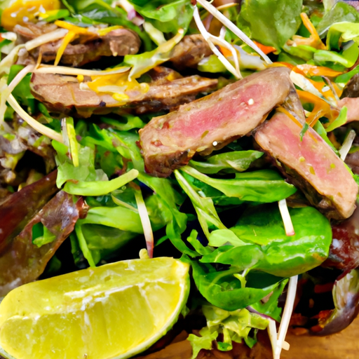 the vibrant essence of Thai Steak Salad in a single image: A succulent grilled steak, thinly sliced and topped with vibrant greens, zesty herbs, crunchy peanuts, and a drizzle of tangy lime dressing