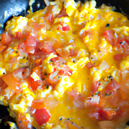 An image of a sizzling skillet with vibrant red and yellow tomatoes, golden scrambled eggs, and aromatic herbs, all delicately blending together, emanating mouthwatering aromas for a Tomato Scramble Recipe blog post