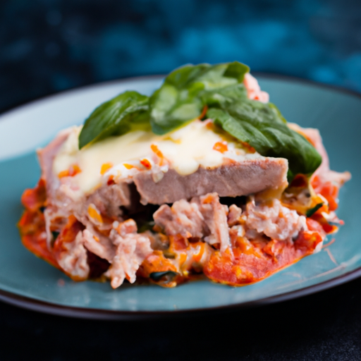 An image showcasing a tantalizing Tuna Napolitana Recipe by capturing a sizzling fillet of tuna, perfectly seared, adorned with a vibrant tomato sauce, fragrant basil leaves, and a sprinkle of Parmesan cheese