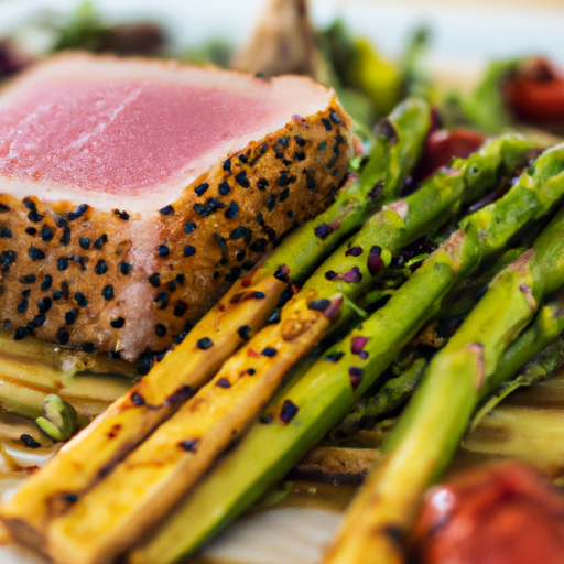 An image that showcases a vibrant plate of seared tuna steak, perfectly cooked asparagus spears, and a medley of colorful vegetables