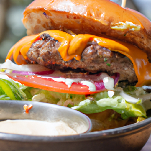 a mouthwatering image of a juicy turkey burger topped with melted cheese, crispy lettuce, and ripe tomato slices, oozing with a tantalizing special sauce that glistens under the warm summer sun