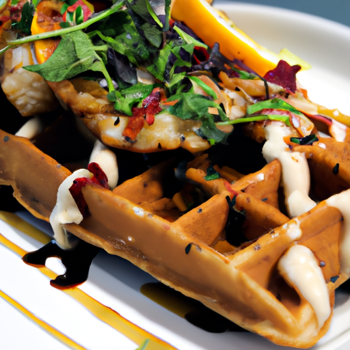 An image of golden-brown waffles topped with delicate white fish fillets, perfectly crispy and flaky