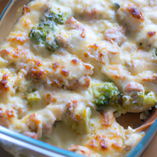 An image of a golden-brown, cheesy casserole bubbling in a glass baking dish, with tender chicken chunks peeking through a creamy layer of broccoli florets