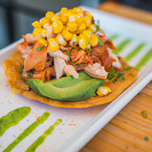 An image featuring a vibrant tostada: one half piled high with succulent shredded chicken, topped with creamy avocado slices and tangy salsa, while the other half showcases grilled corn kernels and a sprinkle of cilantro