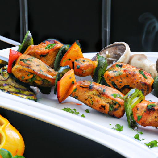 An image that showcases succulent grilled chicken skewers, perfectly charred and threaded with vibrant chunks of bell peppers and onions, accompanied by a refreshing mint sauce, adding a pop of green freshness to the dish