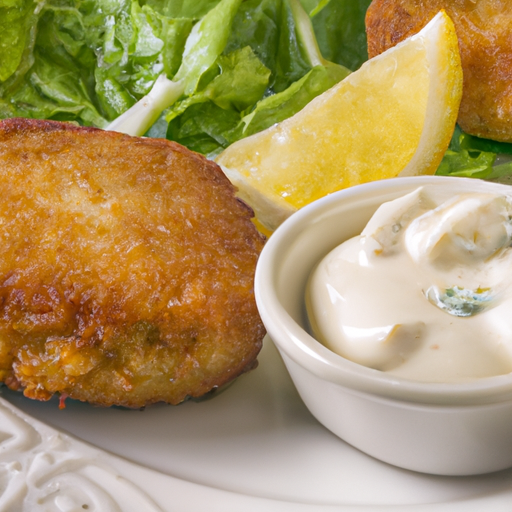 An image of golden-brown cod fish cakes, resting on a bed of vibrant green lettuce, adorned with a dollop of zesty tartar sauce, and accompanied by a slice of tangy lemon