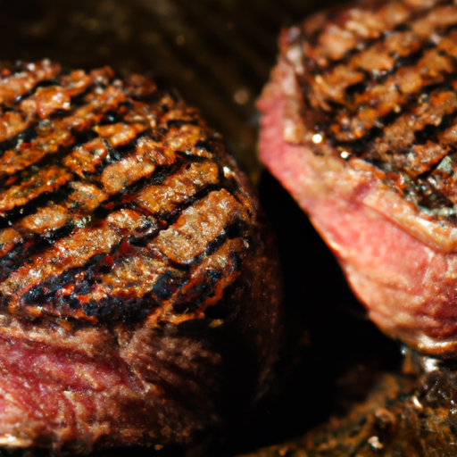 -up shot of two succulent beef tenderloin steaks, beautifully seared, with a glossy, caramelized coffee-infused crust