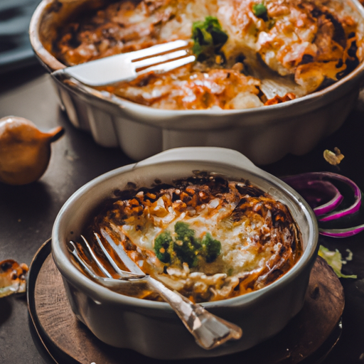 An image capturing the essence of Creamed Onion Casserole: a golden-brown crust encasing a creamy medley of caramelized onions, topped with a sprinkle of fresh herbs, nestled in a vintage ceramic baking dish