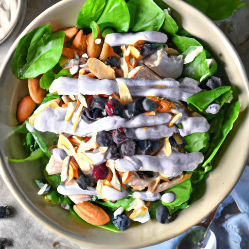 An image that captures the essence of Creamy Blueberry Chicken Salad: a vibrant bowl filled with juicy grilled chicken chunks, plump blueberries, crisp greens, and a luscious creamy dressing, garnished with chopped almonds and fresh basil leaves