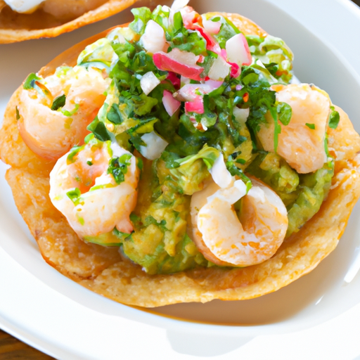 An image that showcases a golden, crispy shrimp tostada piled high with vibrant toppings like fresh avocado slices, tangy salsa verde, zesty lime wedges, and a sprinkling of chopped cilantro