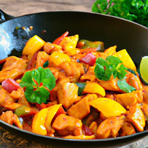 An image showcasing a sizzling skillet with succulent chunks of golden-brown chicken, coated in a fragrant, vibrant curry sauce