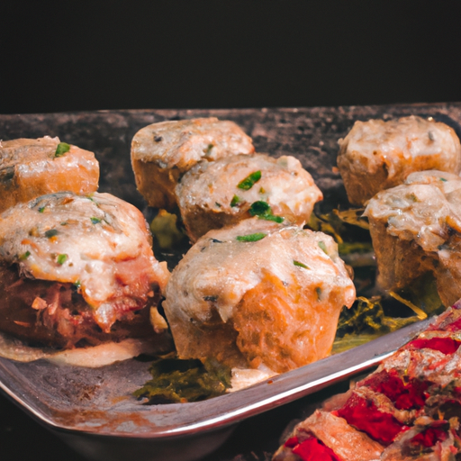 An image capturing the essence of diner nostalgia: a close-up shot of golden-brown meat loaf muffins, glistening with savory glaze, nestled in a vintage checkered tray, surrounded by a dollop of creamy mashed potatoes and a sprinkle of fresh herbs