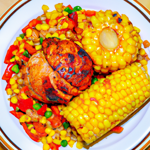 Watering image of perfectly charred grilled chicken thighs glistening with a tangy pineapple glaze, accompanied by a vibrant medley of golden corn kernels and vibrant bell pepper relish, showcasing a colorful symphony of flavors