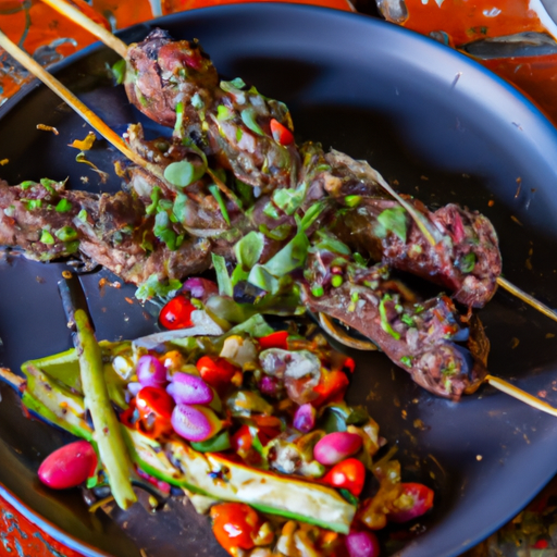 the vibrant essence of a summer feast with an image showcasing perfectly charred grilled lamb skewers, adorned with fragrant herbs, alongside a colorful warm fava bean salad bursting with fresh vegetables and drizzled with a tangy vinaigrette