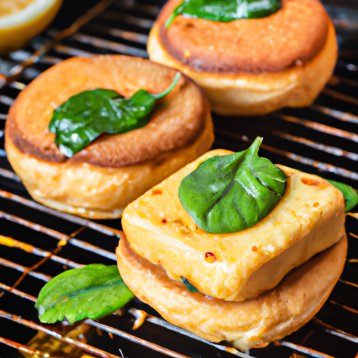 an inviting scene of golden tofu patties sizzling on a smoky grill