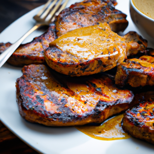 the sizzling perfection of golden-brown, juicy grilled pork chops coated in a glossy shallot butter sauce