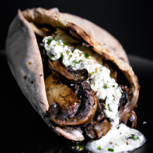 An image showcasing a mouthwatering grilled portobello mushroom, generously stuffed with creamy goat cheese, nestled in a warm pita bread