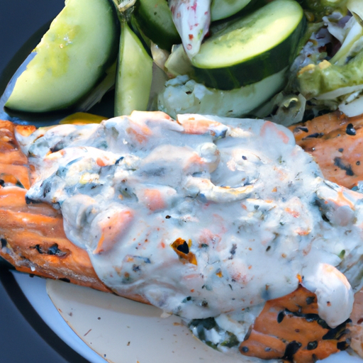 the essence of a summer feast with an image that showcases a perfectly grilled salmon fillet, adorned with a vibrant cucumber-yogurt salad