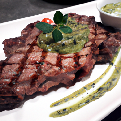 the sizzling perfection of a perfectly grilled steak, seared to a mouthwatering brown crust, adorned with a vibrant green caper-herb sauce that glistens with fresh zesty flavors, inviting you to indulge your senses