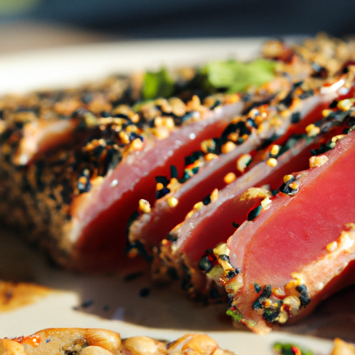 Watering close-up shot of a perfectly seared Thai-spiced tuna steak, adorned with vibrant sesame seeds and aromatic cilantro, glistening under the warm sun, inviting readers to indulge in its exquisite flavors