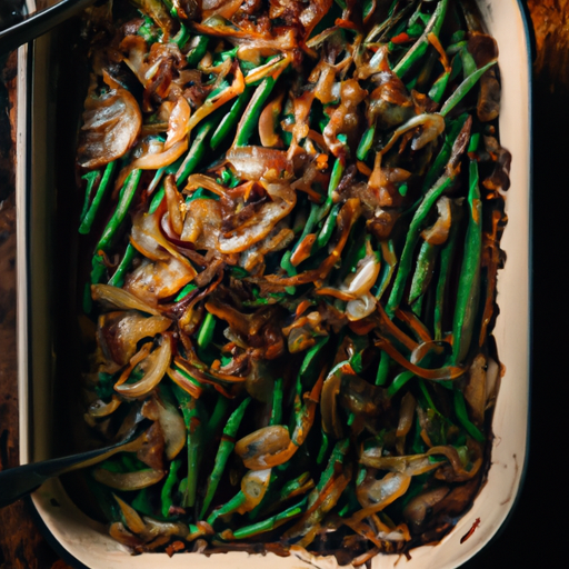 An image capturing the essence of home-style green bean casserole: a rustic ceramic baking dish brimming with tender green beans, smothered in creamy mushroom sauce, topped with a golden, crispy layer of fried onions