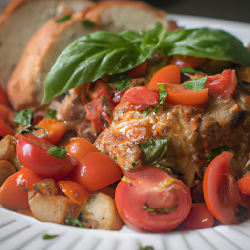 An image of a succulent, golden-brown Italian-style meat loaf, oozing with melted mozzarella, adorned with vibrant basil leaves, and surrounded by a medley of colorful roasted vegetables