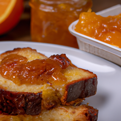 An image that showcases a golden-brown, oven-baked Marmalade French Toast Casserole, glistening with a caramelized crust