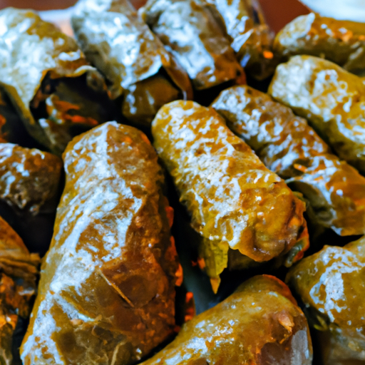 An image showcasing a platter of succulent dolmades, tightly wrapped in grape leaves, revealing the luscious mixture of seasoned meat, tender bulgur, and fluffy rice