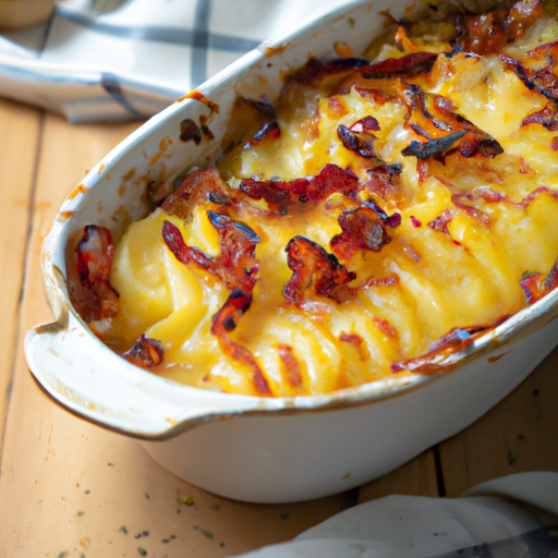 An image capturing a golden-brown potato casserole, adorned with layers of thinly sliced potatoes, creamy melted cheese, and crispy bacon bits, all baked to perfection in a rustic ceramic dish