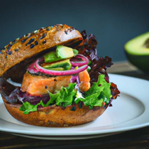 An image that showcases a perfectly grilled salmon burger with a golden-brown crust, topped with a vibrant green avocado slice, tangy red onion, crisp lettuce, and a creamy dill-infused sauce, all on a soft toasted brioche bun