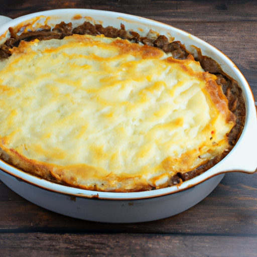 An image showcasing a steamy, golden-brown Shepherd's Pie fresh out of the oven