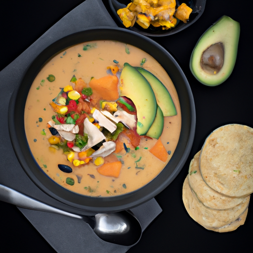 An image depicting a steaming bowl of Southwestern Chicken Soup, brimming with tender chunks of chicken, vibrant bell peppers, plump black beans, golden kernels of corn, and topped with a dollop of creamy avocado