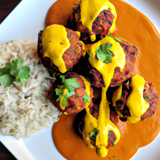 An image showcasing succulent Southwestern-style meatballs: golden-brown spheres bursting with flavorful spices, nestled on a vibrant bed of cilantro-infused rice, garnished with charred corn kernels, jalapeño slices, and a dollop of zesty chipotle sauce