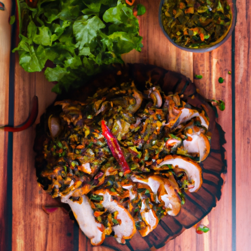 An image showcasing a succulent Spicy-Sweet Pork Tenderloin, perfectly caramelized with a glaze of golden honey and chili flakes, adorned with vibrant green cilantro leaves, and accompanied by a side of tangy pickled jalapenos