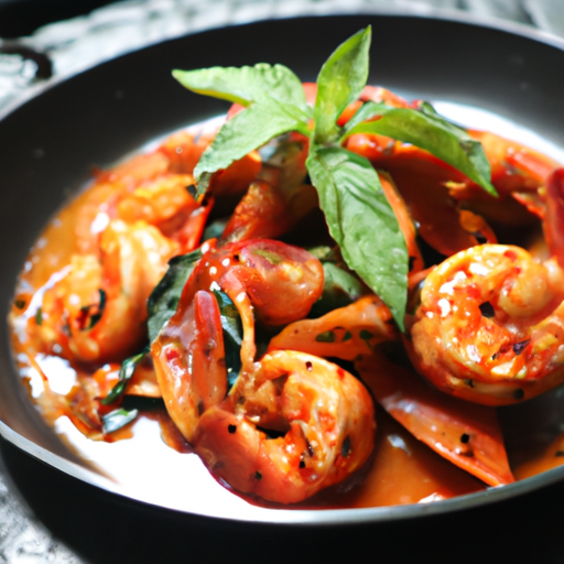 the essence of a tantalizing Spicy Tomato-Basil Shrimp dish: a sizzling pan of succulent shrimp bathed in vibrant red tomato sauce, sprinkled with fiery chili flakes, and garnished with fragrant basil leaves