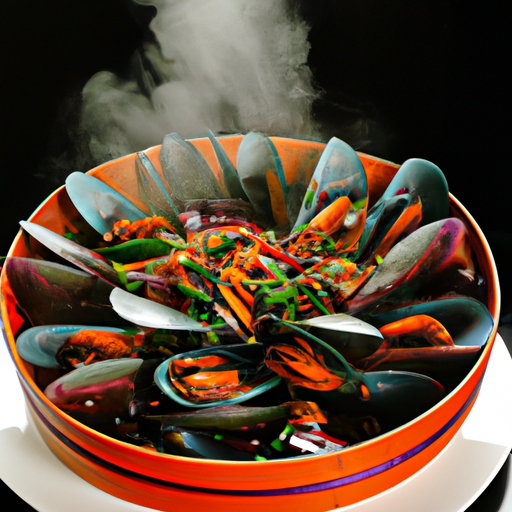 An image showcasing a steaming pot filled with plump and succulent mussels, bathed in a rich and vibrant chili-infused broth