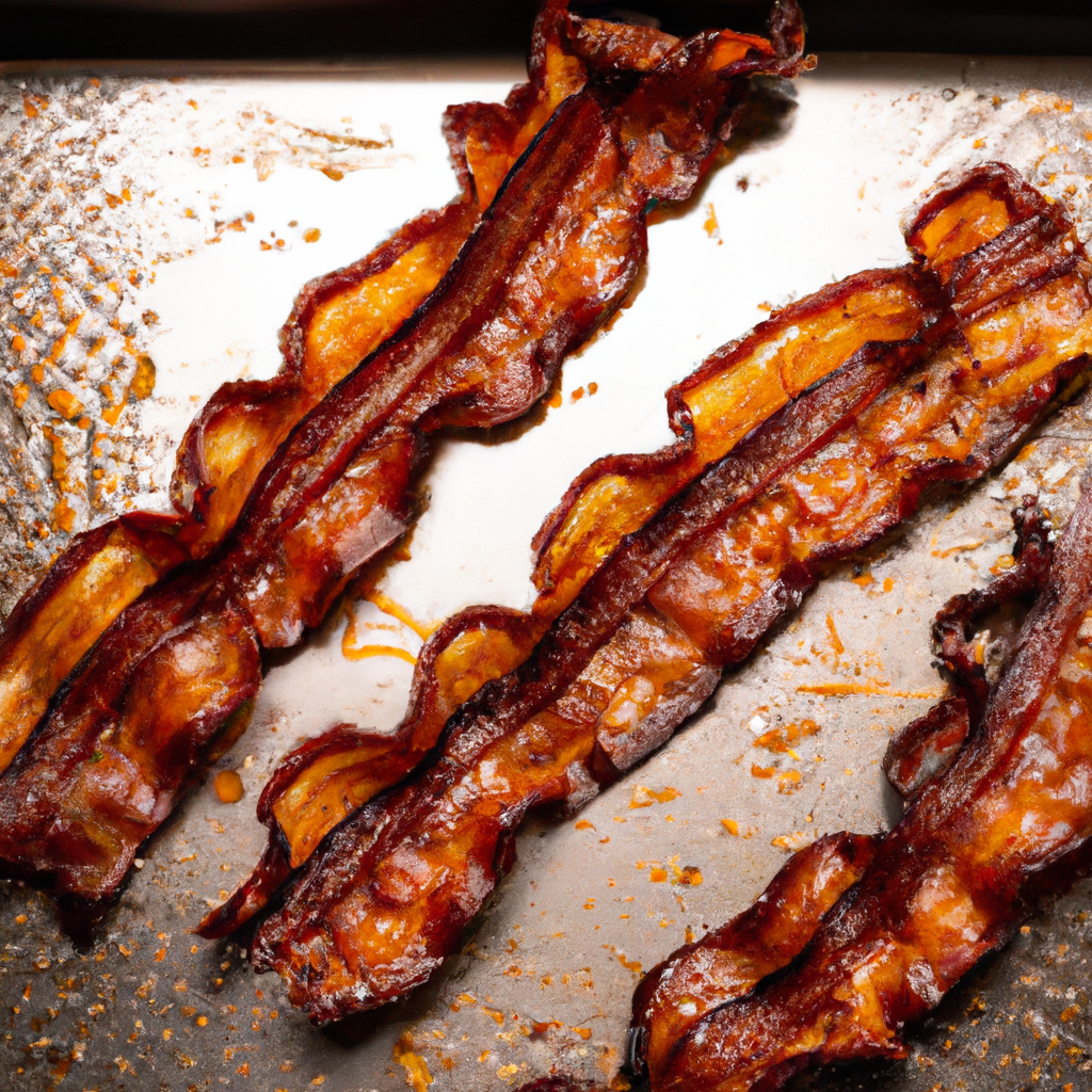 An image that showcases the irresistible allure of air fried bacon: crisp, golden strips glistening with savory juices, their tantalizing aroma wafting through the air, promising a mouthwatering feast