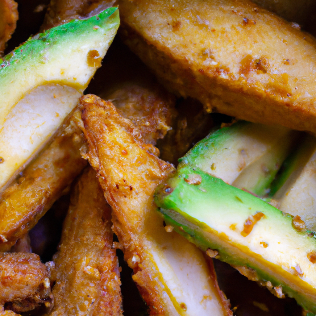 a close-up shot of golden, crispy avocado fries glistening with a light sheen of oil