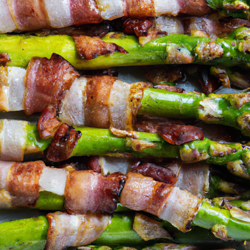 An image portraying a succulent bundle of vibrant green asparagus stalks, swathed in crispy, golden bacon