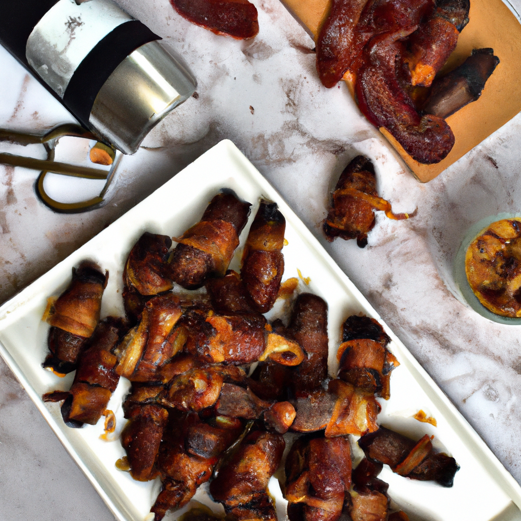 the mouthwatering essence of air fryer bacon wrapped dates: glistening golden-brown bacon enveloping succulent, caramelized Medjool dates, revealing a tantalizing combination of sweet and savory flavors