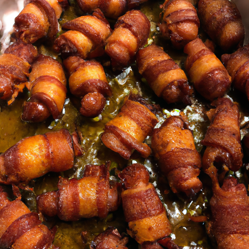 An enticing image showcasing golden brown little smokies wrapped in crispy bacon, sizzling inside an air fryer