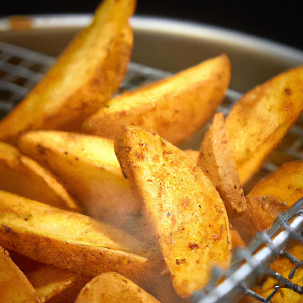 a mouthwatering moment as golden-brown potato wedges emerge from the air fryer, their crispy exteriors glistening under the warm glow