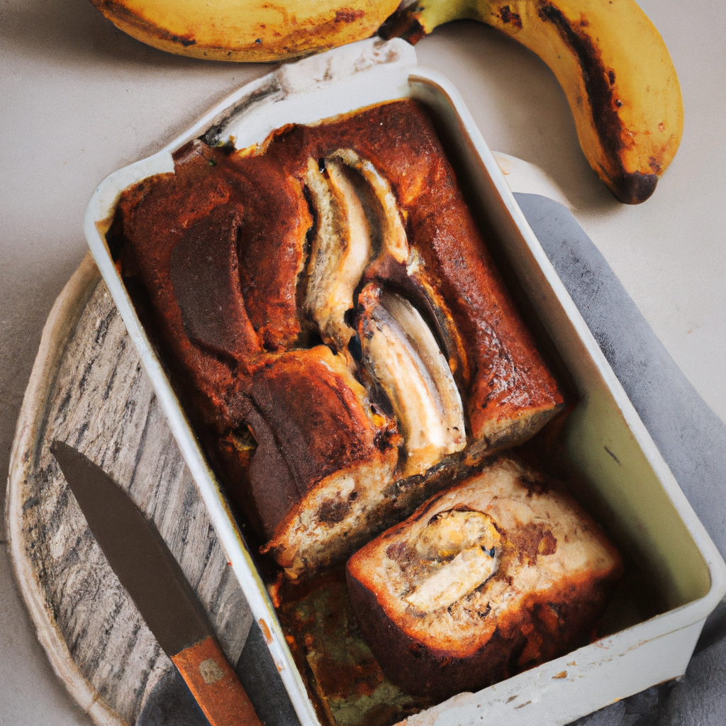 the essence of heavenly Air Fryer Banana Bread by depicting a golden loaf emerging from a sleek air fryer, its crust perfectly caramelized, revealing moist, tender banana slices speckled throughout