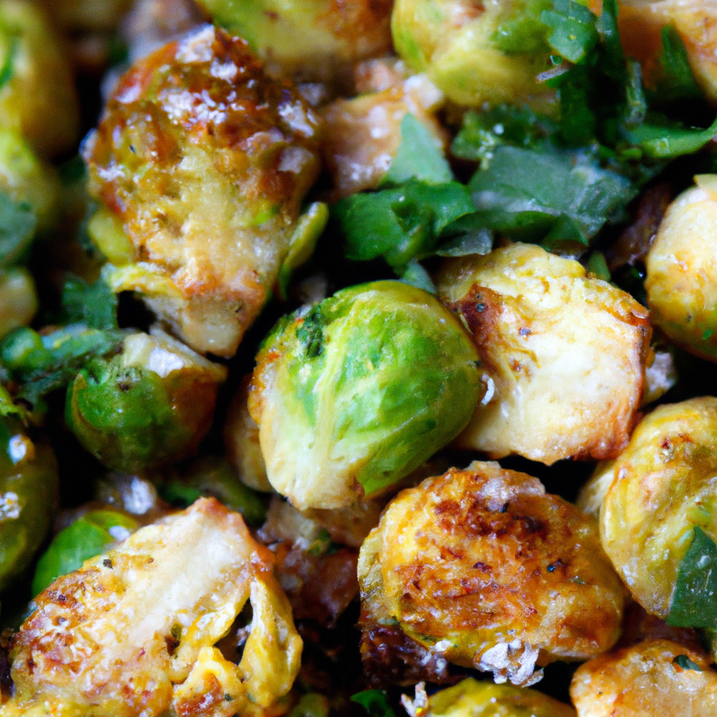 -up shot of perfectly golden and crispy Brussels sprouts, glistening with a light drizzle of honey, sprinkled with sea salt, and garnished with finely chopped fresh herbs