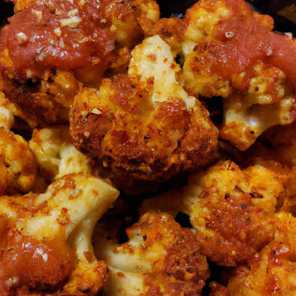 a close-up shot of golden-brown cauliflower florets, perfectly crispy and coated in tangy buffalo sauce