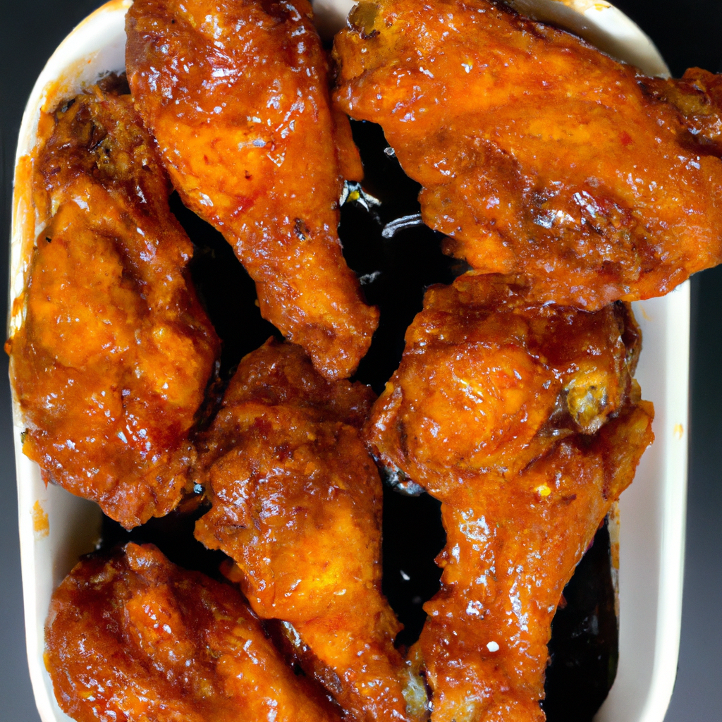 An image of crispy golden buffalo wings in an air fryer, glistening with a spicy glaze