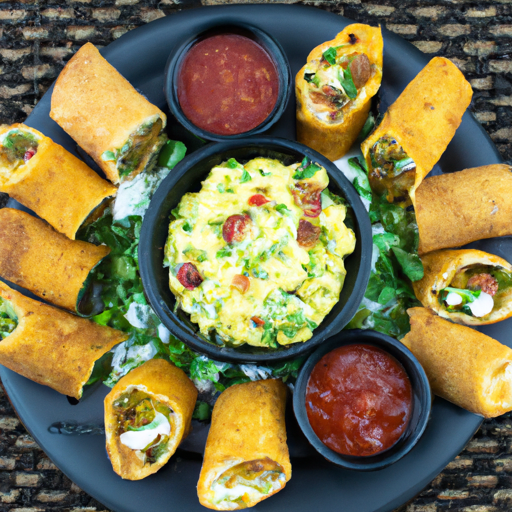 An image showcasing golden-brown, crispy Air Fryer Chicken Taquitos, perfectly rolled and filled with seasoned shredded chicken, melted cheese, and vibrant veggies, served alongside a vibrant salsa and creamy guacamole