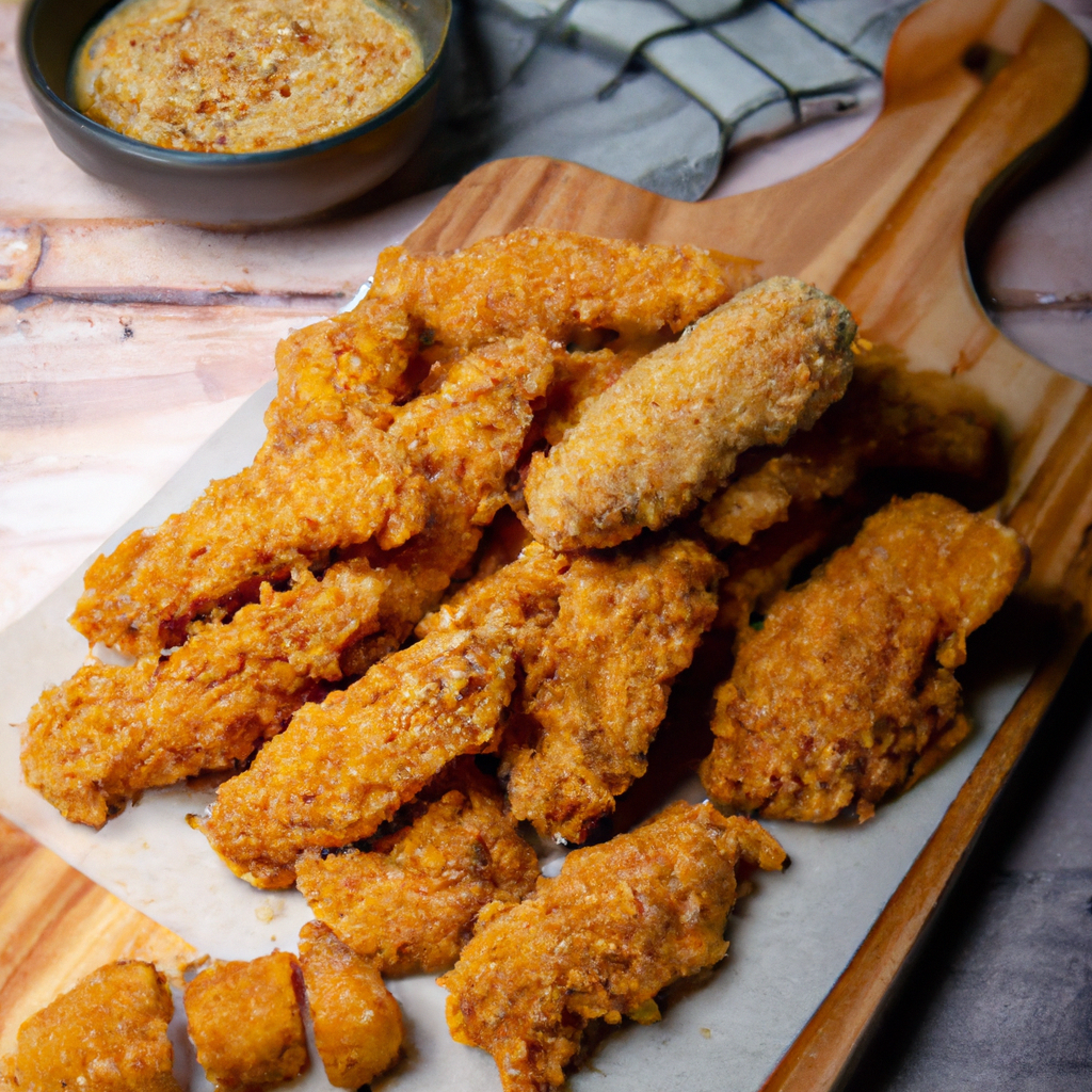 An image capturing the golden-brown perfection of air fryer chicken tenders, glistening with crispy breadcrumbs, revealing their juicy, tender interiors
