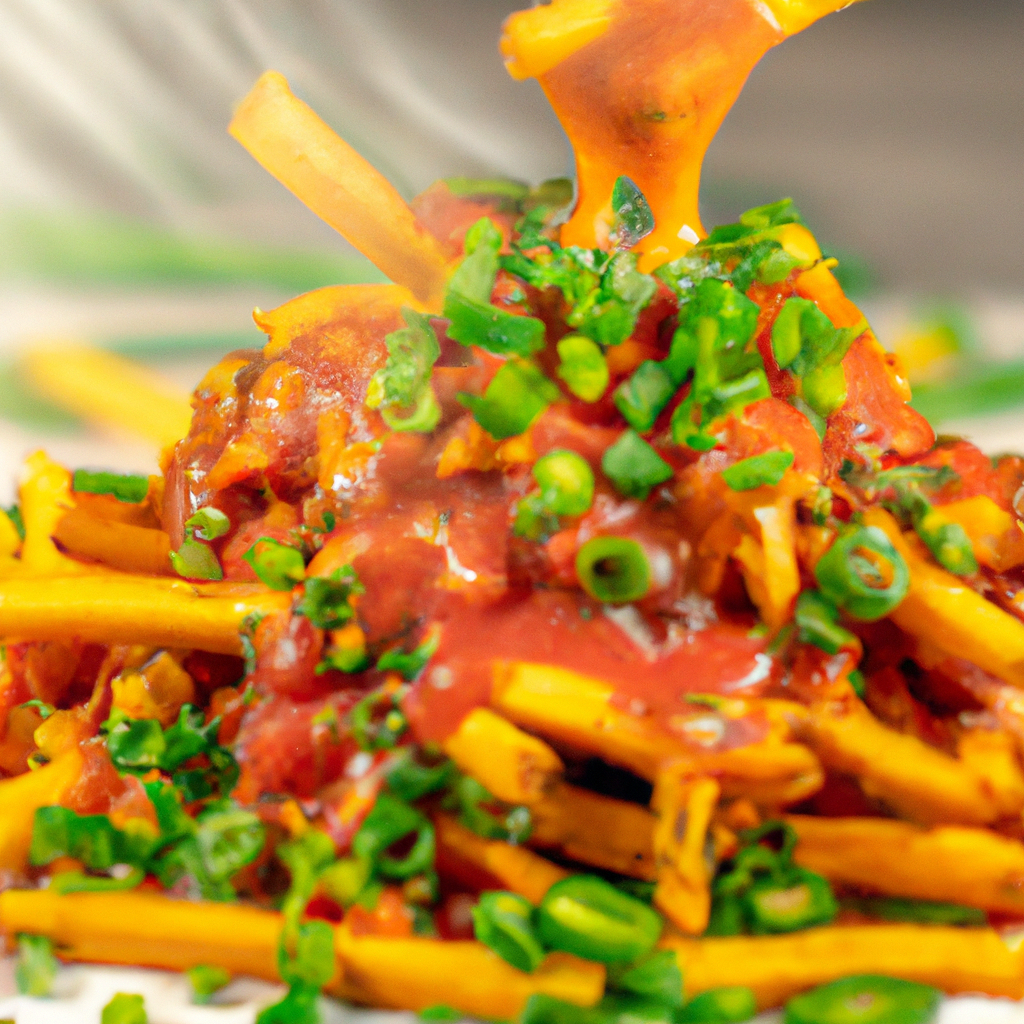 An image showcasing golden, crispy chili cheese fries oozing with melted cheddar, topped with vibrant diced tomatoes and green onions