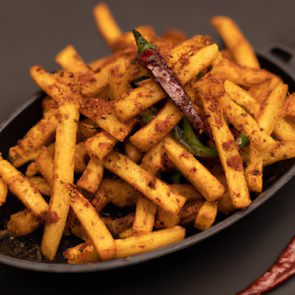 An image that captures the irresistible allure of golden, crispy chili fries emerging from the air fryer, their perfectly seasoned and tender interiors glistening with savory toppings, enticing all taste buds